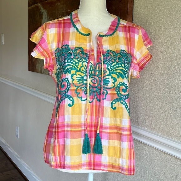 THML - Anthropologie Blouse Top Size S Teal Embroidered Top lightweight Colorful - Picture 1 of 16